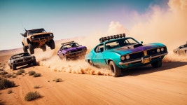 Desert Scene with Racing Muscle Cars and Off-Road Truck | Deep Dream Generator Mad Maxs interceptor | Deep Dream Generator