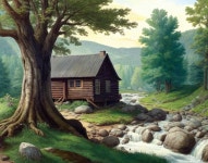 Serene Landscape with Rustic Cabin and Gentle Stream | Deep Dream Generator Peaceful Riverside Cabin | Deep Dream Generator