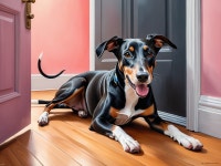 Cheerful Black and Tan Dog on Wooden Floor by Door | Deep Dream Generator Playful Pup on Polished Wood Floor | Deep Dream Generator