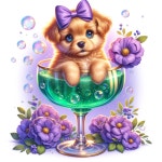 Puppy in Glass Surrounded by Bubbles and Flowers | Deep Dream Generator Puppys Playful Cocktail Adventure | Deep Dream Generator