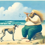 Cheerful person with pizza and greyhound at beach | Deep Dream Generator Chubby Cat and Sleek Dog: Beach Pizza Party | Deep Dream... 