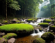 Serene River in Lush Green Landscape with Waterfalls | Deep Dream Generator Moss-Covered Stream in Enchanted Forest | Deep Dream... 