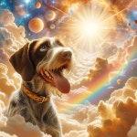 Happy Dog in Vibrant Cosmic Landscape with Rainbow | Deep Dream Generator Dog Heaven | Deep Dream Generator