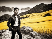 Man on Rocky Path Surrounded by Golden Terraces | Deep Dream Generator Confident Man on Vibrant Rocky Path | Deep Dream Generator