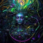 Colorful digital art: female figure with metallic skin in intricate mechanical and organic backdrop | Deep Dream Generator Cyber... 