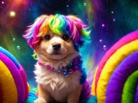 Fluffy Puppy with Rainbow Wig in Cosmic Scene | Deep Dream Generator Puppys Colorful Cosmic Adventure | Deep Dream Generator