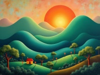 Vibrant Landscape with Rolling Hills and Red House | Deep Dream Generator Green Hills In A Faraway Land PT 2 | Deep Dream Generator
