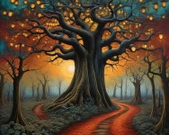 Eldritch high gothic tim Burton style dark forest hallow oily black trees glowing white red death moon flo... | Deep Dream Generator