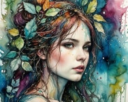 with big brown eyes, blond curly hair, umber, orange, and yellow colors, by Ralph Steadman, by Gerald Sca... | Deep Dream Generator