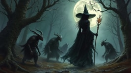 Witch with Glowing Staff in Eerie Moonlit Forest | Deep Dream Generator Witching Hour in the Foggy Forest | Deep Dream Generator