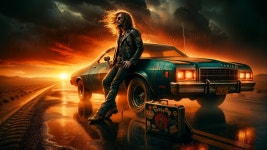 Rugged Figure with Muscle Car at Sunset on Road | Deep Dream Generator Last Exit to Paradise | Deep Dream Generator