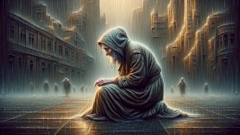 Kneeling Figure in Rainy, Melancholic Cityscape | Deep Dream Generator Reflections of Solitude in the Rain | Deep Dream Generator