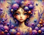 with big brown eyes, blond curly hair, umber, orange, and yellow colors, by Ralph Steadman, by Gerald Sca... | Deep Dream Generator