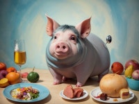 Cartoon Pig at Table with Colorful Food and Beer | Deep Dream Generator Feast With Pig | Deep Dream Generator