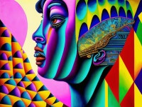 Colorful Stylized Portrait of a Woman with Geometric Patterns | Deep Dream Generator Womans Profilic Jazz Art | Deep Dream Generator