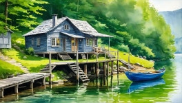 Charming Blue Cabin by Serene Lake with Dock and Boat | Deep Dream Generator Cabin Retreat | Deep Dream Generator