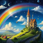 Whimsical Castle Scene with Rainbow and Hot Air Balloons | Deep Dream Generator Over The Rainbow  | Deep Dream Generator