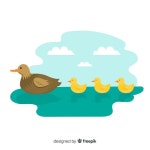 플랫 어머니 오리와 ducklings 야외 | 무료 벡터