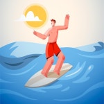 서퍼와 평평한 여름 장면 | 무료 벡터