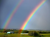 뇌우 후 들판 위의 무지개 | 프리미엄 사진