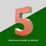 레드 그린 골드 색상 및 요소와 크리스마스 번호 5 3d 렌더링 | 프리미엄 PSD 파일
