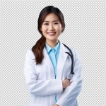 스테토스코프 그라디언트 배경으로 실험실 코트를 입은 젊은 여성 의사 | 프리미엄 AI 생성 PSD