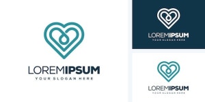 Health and fitness logo with heart shape and strong man figure | Premium Vector