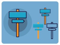 만화 스타일의 교차로 표지판 아이콘: 고립된 배경에 도로 방향 만화 터 일러스트 | 프리미엄 벡터