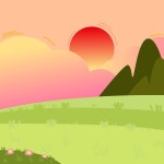 언덕의 풍경에 해가 지고 자연 속에서 해가 뜨는 산을 그린다 | 프리미엄 벡터