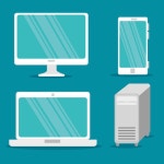 컴퓨터 기술로 스마트 폰 및 노트북으로 태블릿 설정 | 무료 벡터