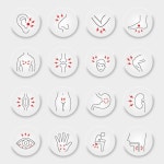 Body pain injury icon set design body point pain template migraine toothache back pain | Premium Vector