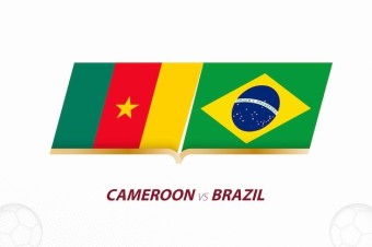 카메룬 대 브라질 축구 대회 A조 대 축구 배경의 아이콘 | 프리미엄 벡터