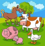 Cartoon farm animals characters group in the meadow | Premium Vector