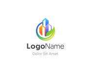 도시 건물 로고와 함께 다채로운 잎 | 프리미엄 벡터