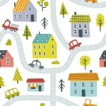 집 나무와 자동차와 낙서 마을 스칸디나비아 패턴입니다. | 프리미엄 벡터