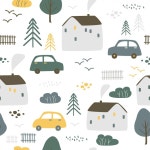 집 나무와 자동차와 낙서 마을 스칸디나비아 패턴입니다. | 프리미엄 벡터