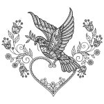 Heart frame and little bird hand drawn for adult coloring book | Premium Vector