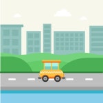 녹색 도시에서 운전 | 프리미엄 벡터