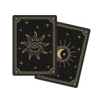 신비로운 태양, 달 기호, 점술, 운세, 미래 예측을 위한 주요 아르카나의 천상의 표시가 있는 밀교 타로 카드 데크. 평면 벡터 일러스트 레이 션... 