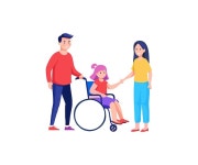 한 가족이 체어에 앉은 어린 소녀와 함께 야외에서 행복하게 포즈를 취하고 카메라를 향해 미소 짓고 있습니다. | 프리미엄 AI 생성 벡터