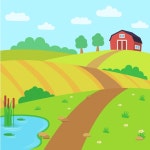평면 디자인에 산들과 아름 다운 농장 풍경 | 무료 벡터