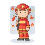 귀여운 어린이 캐릭터 소방관 | 프리미엄 벡터