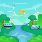 태양광 패널이 있는 태양광 농장의 만화 일러스트레이션 | 프리미엄 벡터