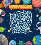 우주 테마의 탐구 과학 로고가있는 아이들을위한 미로 게임 | 프리미엄 벡터