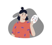 행복 한 마스크를 들고 비참 한 여자입니다. 부정적인 감정에서 긍정적인 감정으로 기분을... 일러스트레이션. 성격, 심리학 개념 | 프리미엄 벡터