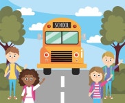 터 수평 장면: 정류장에서 아이들과 운전자와 승객들과 함께 도착하는 학교 버스 교통... 귀여운 소년 소녀 역에 있는 만화 어린이 | 프리미엄 벡터