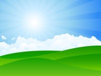 여름 자연 일출 배경, 푸른 언덕과 초원, 푸른 하늘과 구름 풍경. | 무료 벡터