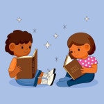 십자 다리 를 고 앉아서 식물 을 배경 으로 책 을 읽는 애니메이션 소년 과 소녀 | 프리미엄 AI 생성 벡터