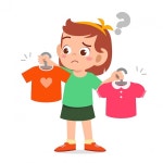 행복 한 귀여운 꼬마 소녀는 옷을 선택 | 프리미엄 벡터