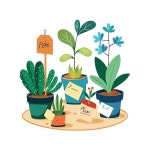 플랫 만화 스타일의 봄과 원예 그림. 귀여운 화분 식물. | 프리미엄 벡터